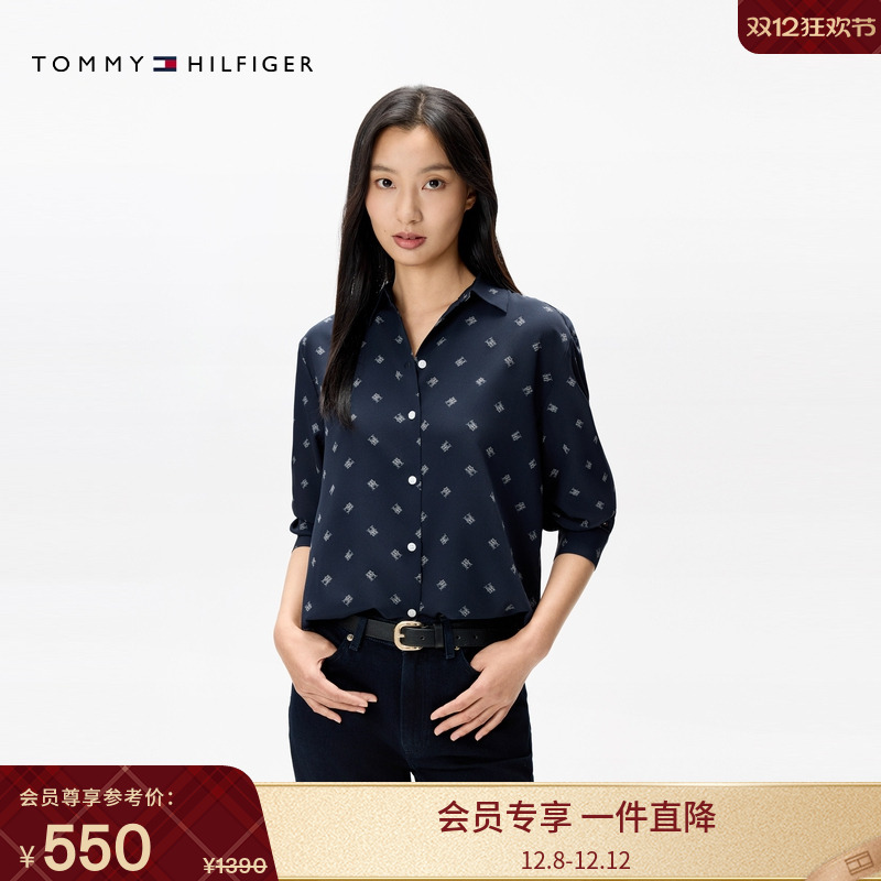 Tommy女装字母满印宽松长袖衬衫