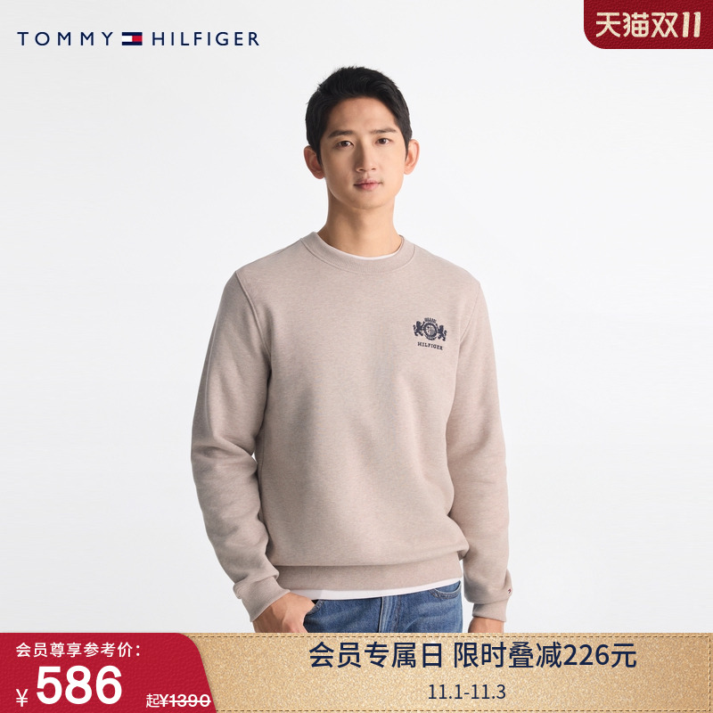 Tommy秋冬男装纯棉潮流美式休闲磨毛徽章刺绣圆领运动套头衫卫衣