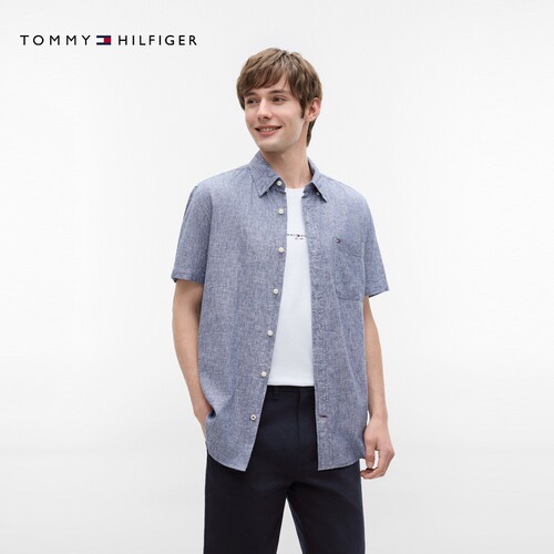 Tommy男装麻棉混纺休闲短袖衬衫