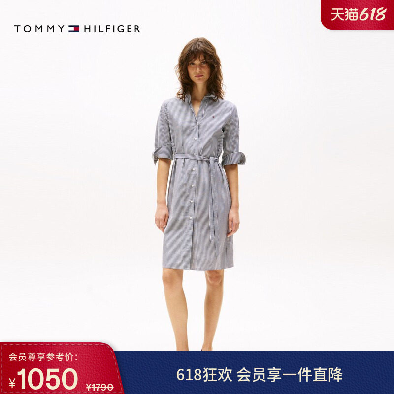 Tommy春夏女装纯棉气质休闲通勤收腰显瘦亚洲版宽松衬衫裙连衣裙