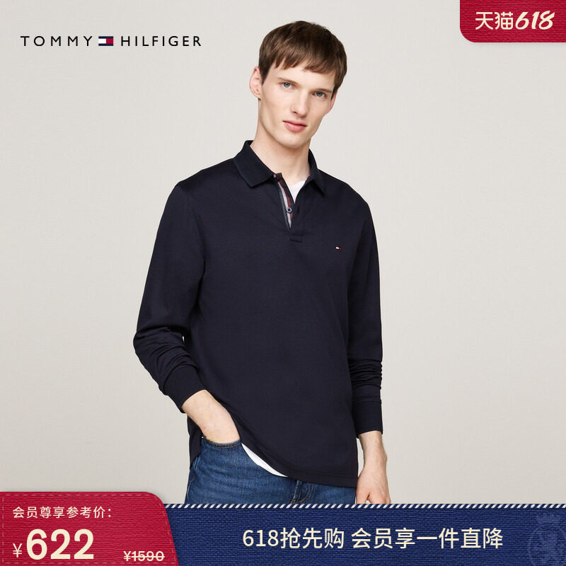 Tommy春夏男装丝光棉经典绣标撞色门襟商务休闲翻领长袖T恤POLO衫