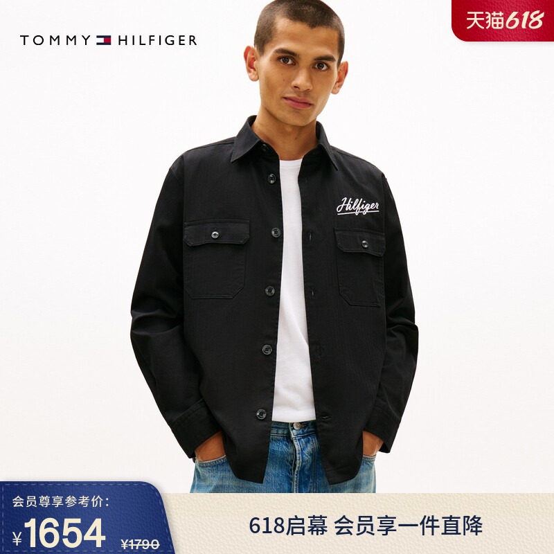 Tommy26春夏男纯棉人字纹潮流复古刺绣工装口袋宽松长袖衬衫外套
