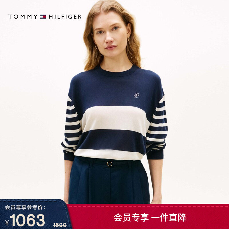 Tommy26秋冬女装顺滑桑蚕丝混纺休闲通勤刺绣条纹宽松圆领针织衫