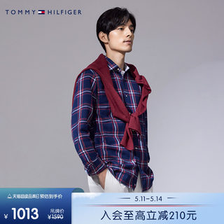 Tommy 秋冬男装休闲通勤简约绣标拼色格纹合身衬衫外套XM0XM02048