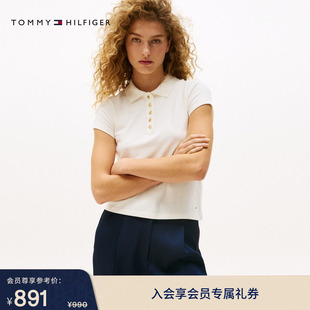 Tommy春夏女装 纯色翻领短袖 T恤POLO衫 优雅休闲通勤金色五粒扣修身