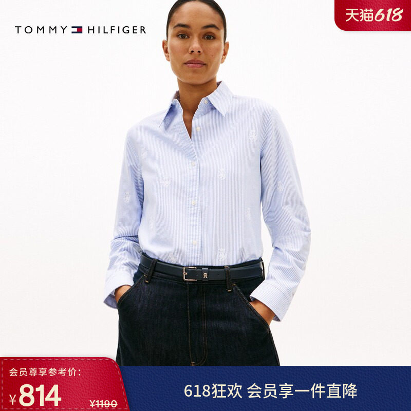 Tommy26春夏新款女纯棉牛津纺休闲徽章刺绣条纹宽松长袖衬衫外套