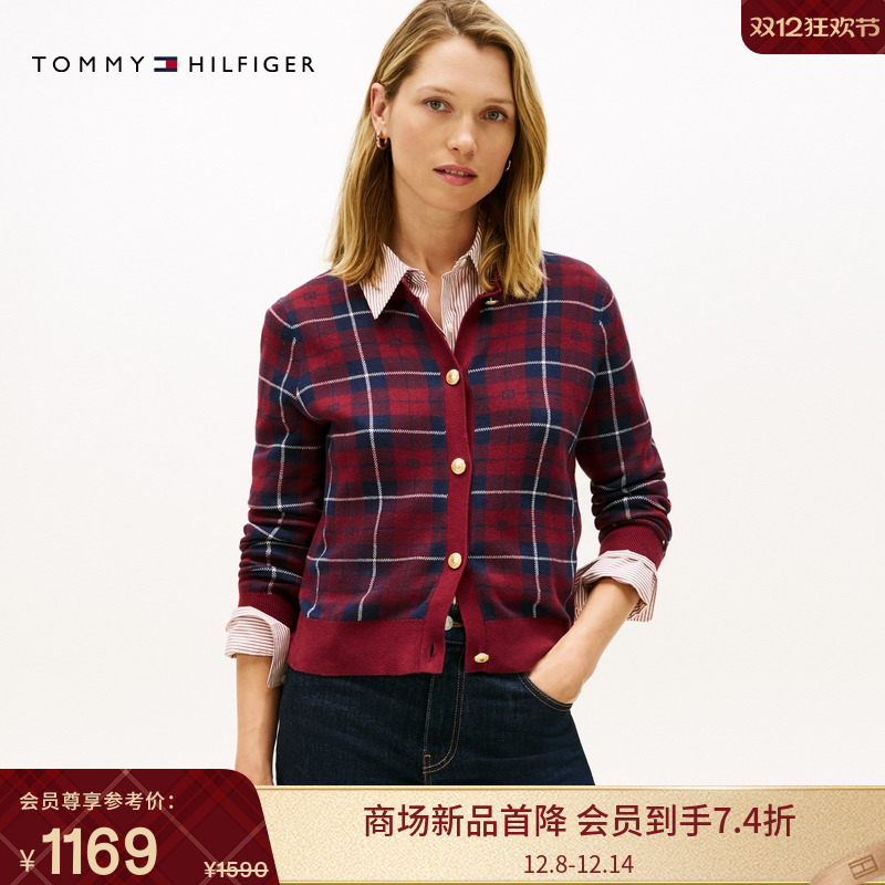 Tommy女装纯棉格纹圆领针织开衫