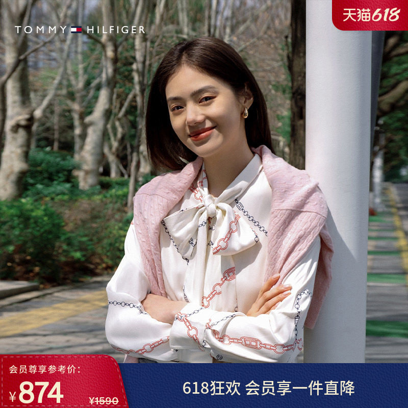 Tommy春夏女装气质休闲通勤领结丝带不规则链条印花宽松长袖上衣