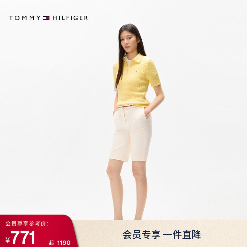 Tommy26春夏女装莱赛尔微弹拼色腰带经典商务休闲通勤修身短裤