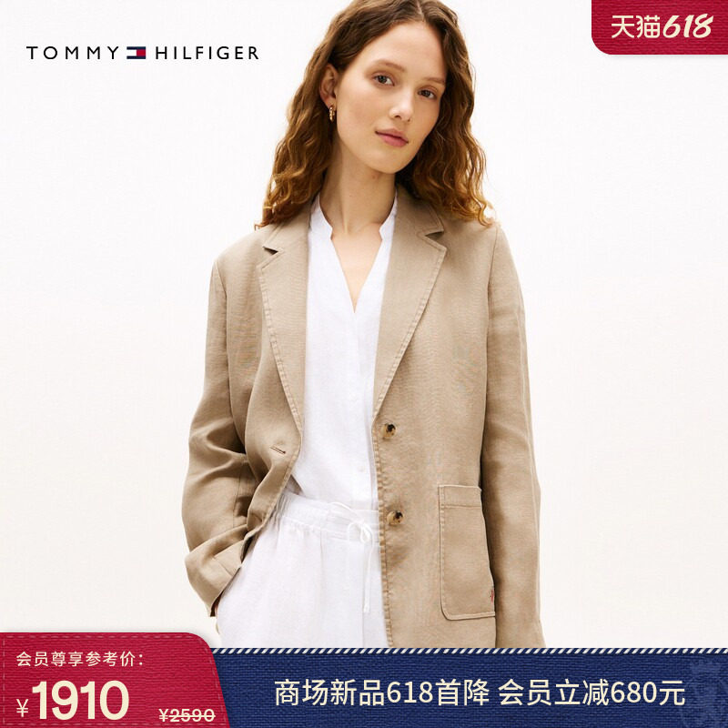 Tommy26春夏新款女装舒适亚麻混纺休闲通勤平驳领西装西服外套