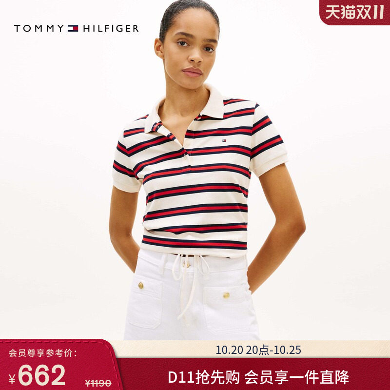 Tommy26春夏女装时尚潮流抽绳下摆休闲条纹四粒扣短袖T恤POLO衫
