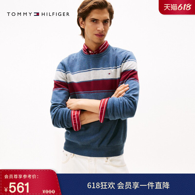 【撞色条纹】Tommy26春夏新款男装纯棉休闲学院风圆领内搭针织衫