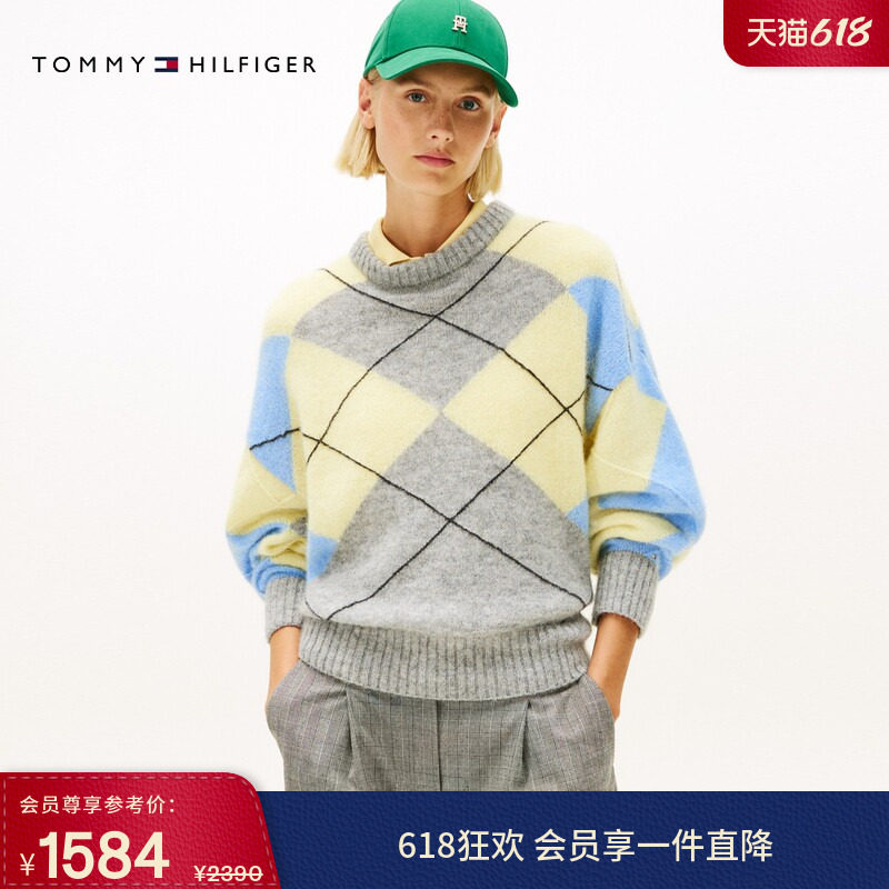 Tommy26春夏新款女装休闲通勤菱格拼色宽松圆领打底衫针织衫毛衣