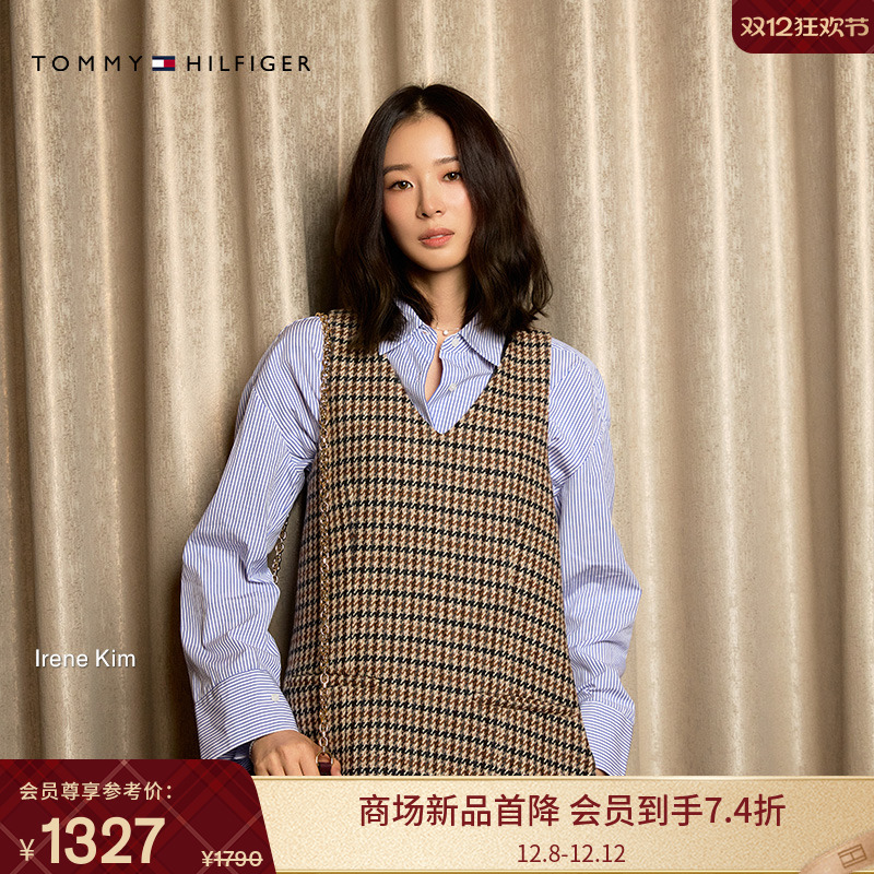 Tommy女复古格纹V领宽松连衣裙