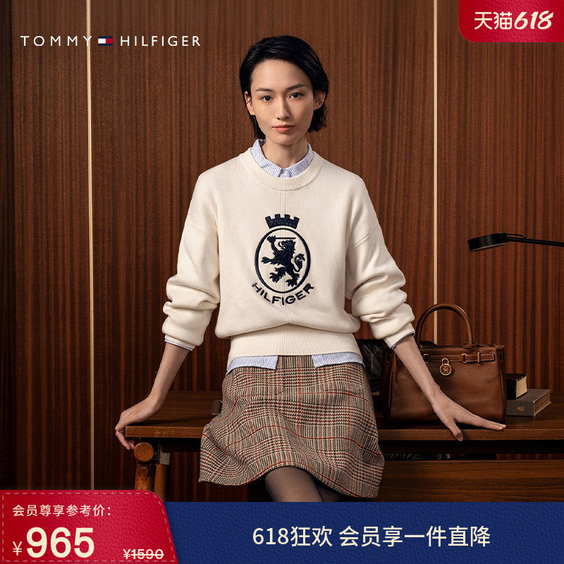 Tommy秋冬女装休闲优雅条纹肩扣内搭针织衫/徽章刺绣宽松圆领毛衣
