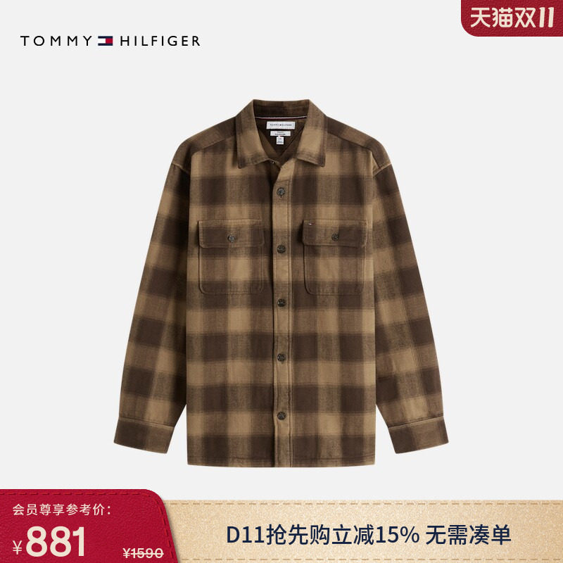 Tommy26秋冬新款男装纯棉重磅磨毛法兰绒格纹工装口袋衬衫外套