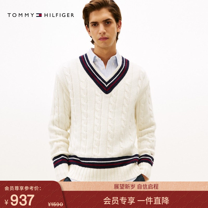 Tommy25秋冬新款男装羊毛混纺美式学院风撞色V领绞花针织衫毛衣,男装,针织衫/毛衣,淘宝优惠券,粉丝福利购,淘宝优惠卷