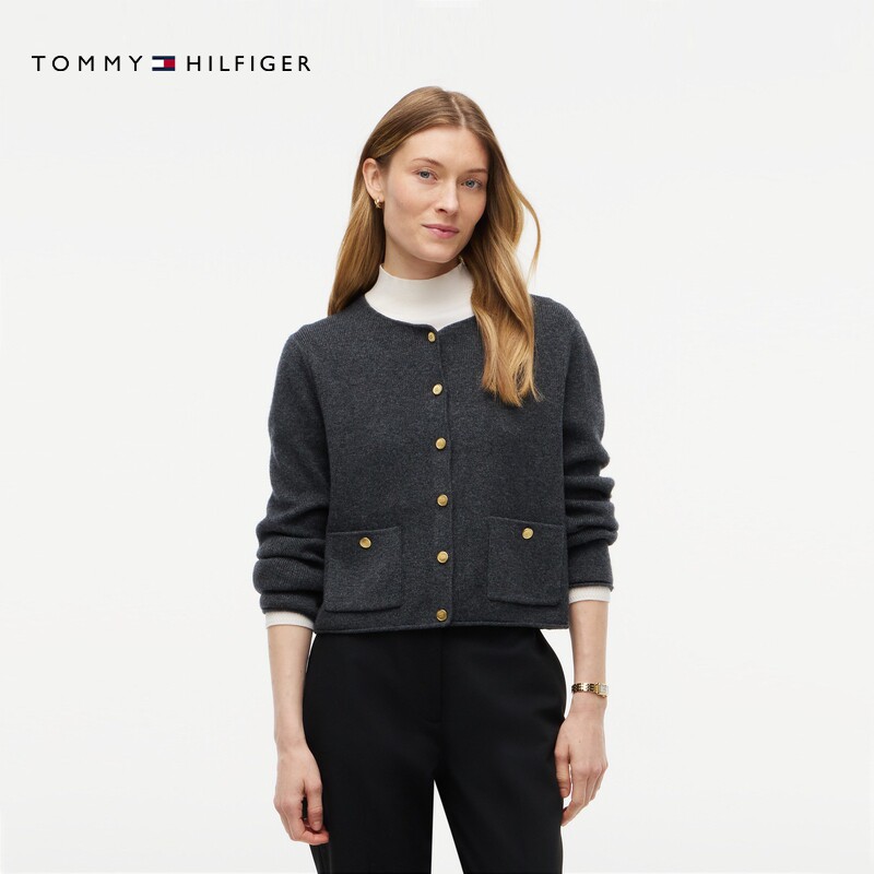 Tommy26秋冬新款女装纯羊毛优雅通勤圆领羊毛衫针织开衫外套毛衣