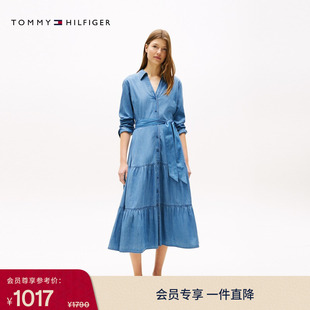 Tommy春夏女装莱赛尔混纺文艺风收腰显瘦V领牛仔衬衫长裙连衣裙