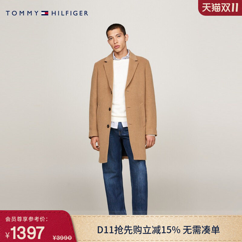Tommy秋冬男装羊毛混纺都市休闲单排扣中长款翻领毛呢大衣外套