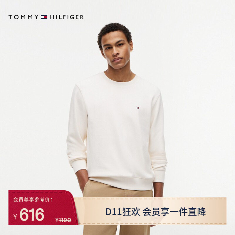 Tommy26秋冬男装纯棉珠地双面布休闲通勤拼色织带圆领合身卫衣