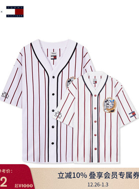 【DISNEY联名系列】Tommy春夏男女纯棉条纹V领宽松棒球衫短袖T恤