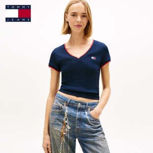 【U先测评】Tommy26春夏新款女装潮流撞色V领罗纹肌理修身短袖T恤