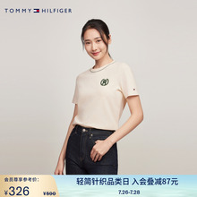 Tommy夏季女装纯棉植绒麦穗字母休闲圆领打底衫针织短袖上衣41903