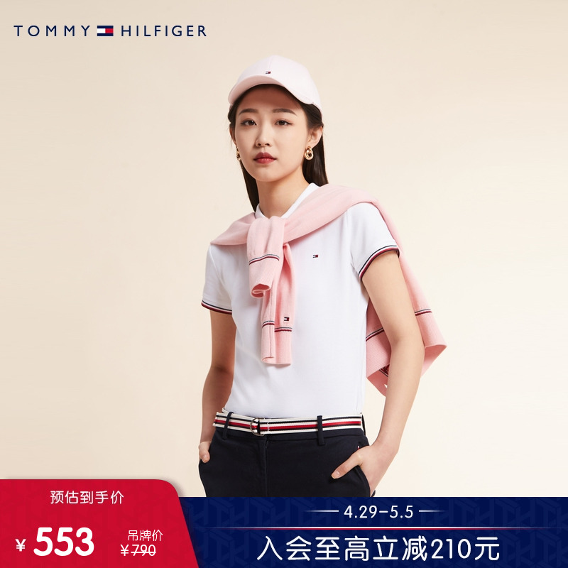 Tommy 女装商务简约绣标镶边翻领五粒扣修身微弹短袖POLO衫3844