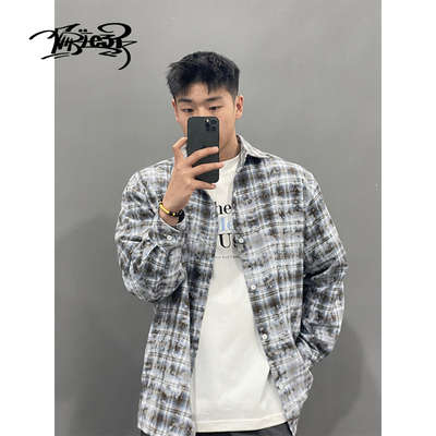 vintage长袖扎染美式复古衬衫