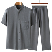 夏装 衬衫 套装 男中老年男士 爸爸装 冰丝爷爷短袖 唐装 薄款 老年人衣服