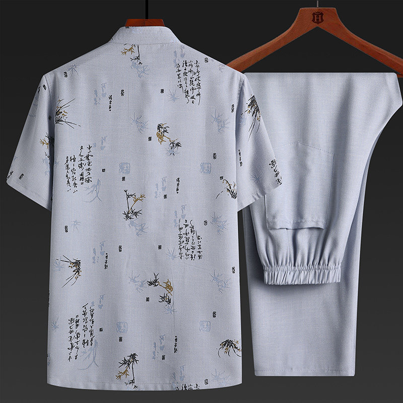 TANG SUIT MEN MIDDLE-AGED AND ELDERLY DAD SUIT SUMMER CASUAL GRANDPA COTTON AND LINEN CHINESE STYLE SHORT-SLEEVED TWO-PIECE SUIT HANFU