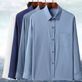 宽松上衣中老年爷爷老人休闲纯色衬衣薄 男冰丝长袖 春夏季 爸爸衬衫