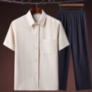 半袖 爸爸夏装 中老年衬衣夏季 衣服 爷爷大码 棉麻衬衫 中年短袖 男套装