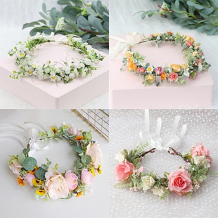 森系仿真花环头饰六一儿童节学校舞蹈表演新娘粉色头箍旅游拍照花