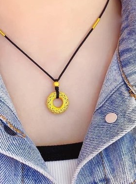 包金黄金包银凤羽平安扣吊坠黄金色项链女转运珠本命年红绳情侣款