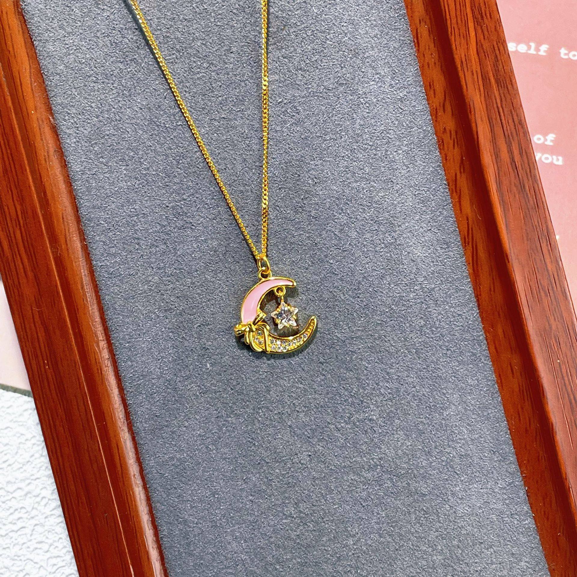 s925纯银镀黄金色首饰新款蝴蝶结星星月亮项链女珐琅镶钻闪锁骨链