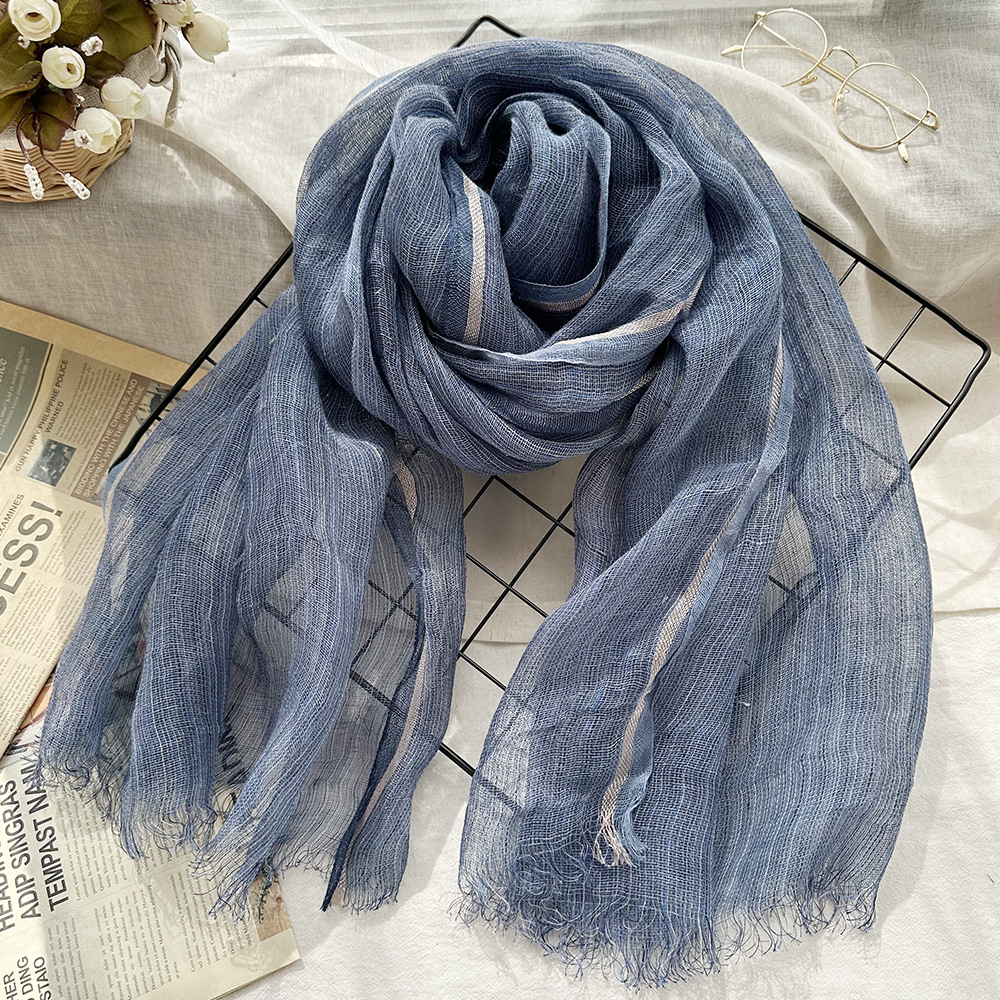 潮流时尚条纹亚麻围巾男女日系文艺遮阳色织工艺纱巾春秋冬季薄款