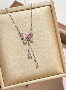 s925纯银首饰新款流苏镶粉钻爆闪亮蝴蝶项链手链耳钉百搭三件套女