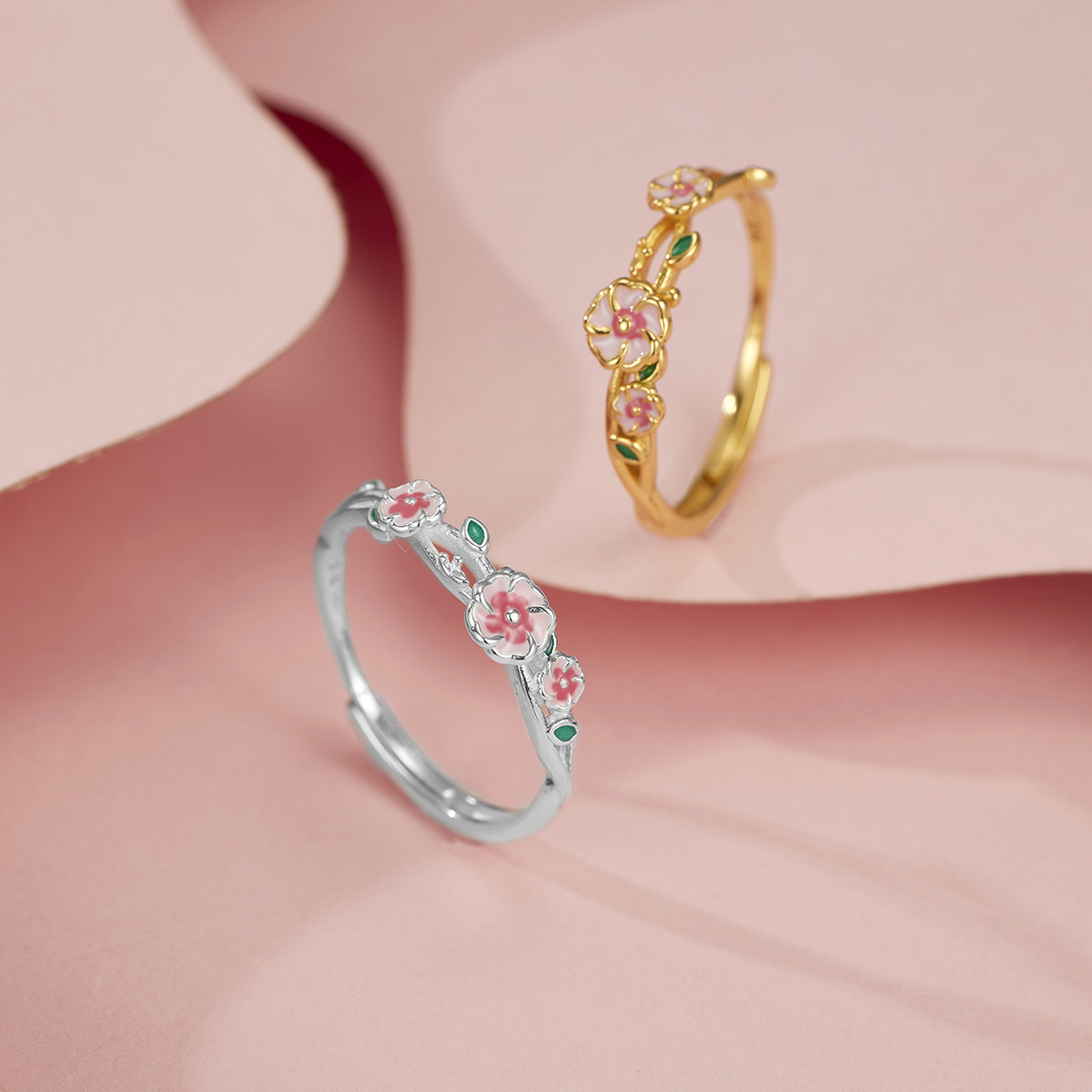 s990足银镀黄金色新款桃花源记珐琅小陶醉森系戒指精致开口指环女