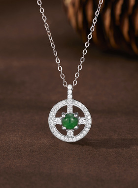 欧美风圆形吊坠项链女s925纯银首饰镶嵌天然祖母绿色碧玉精美高级