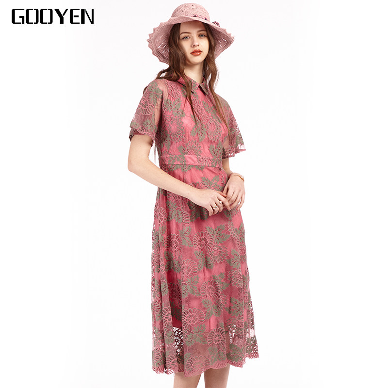Gooyen|古源 专柜正品 粉色刺绣蕾丝裙 翻领短袖礼服裙