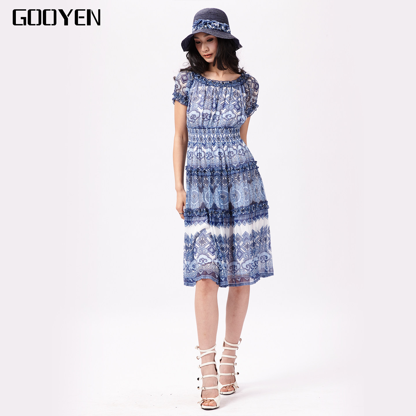 Gooyen|古源 专柜正品 【永乐记忆】青花色拼接圆领短袖连衣裙