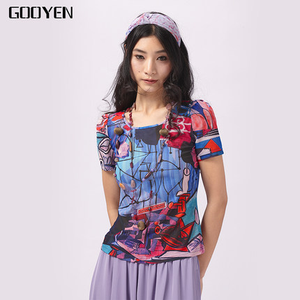 Gooyen|古源[梦幻色彩] 专柜正品 几何印花圆领短袖百搭上衣