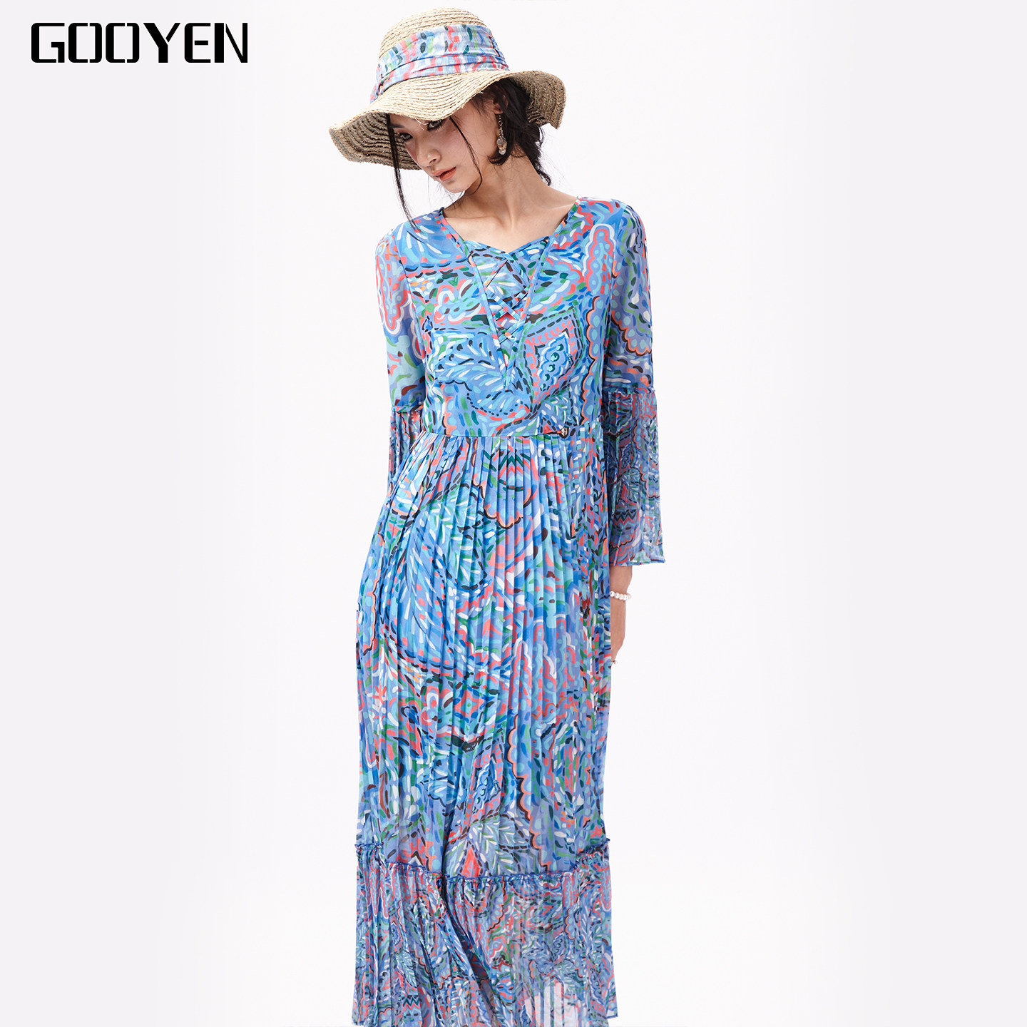 Gooyen|古源 专柜正品 【陌上花开】优雅V领长袖连衣裙印花大摆裙