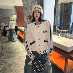 韩版撞色刺绣棒球服外套女2026秋季新品百搭宽松bf风刺绣夹克上衣