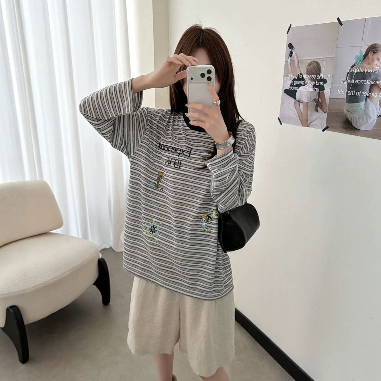 2026夏季新款韩版长袖条纹体恤女卡通刺绣长衫薄款时尚上衣防晒