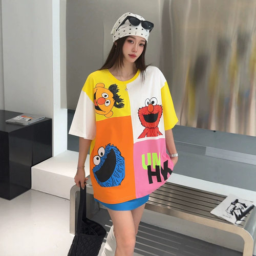 夏季新款拼接撞色设计感大码胖mm趣味卡通慵懒风休闲减龄短袖T恤