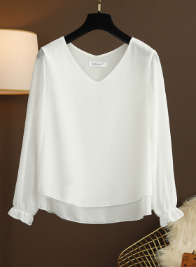 春夏季新款韩版女装V领长袖打底上衣大码宽松遮肚洋气百搭雪纺衫