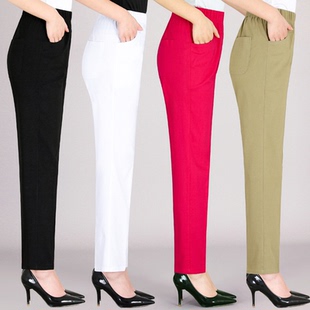 松紧高腰弹力妈妈裤 薄款 夏季 休闲直筒裤 长裤 宽松大码 中老年女裤